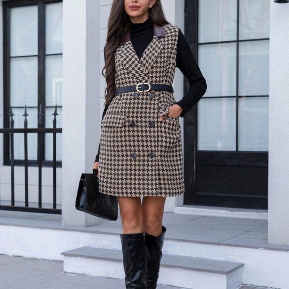 Houndstooth Print Double Breasted Belted Vest Overcoat Brown - Picture 5 of 6